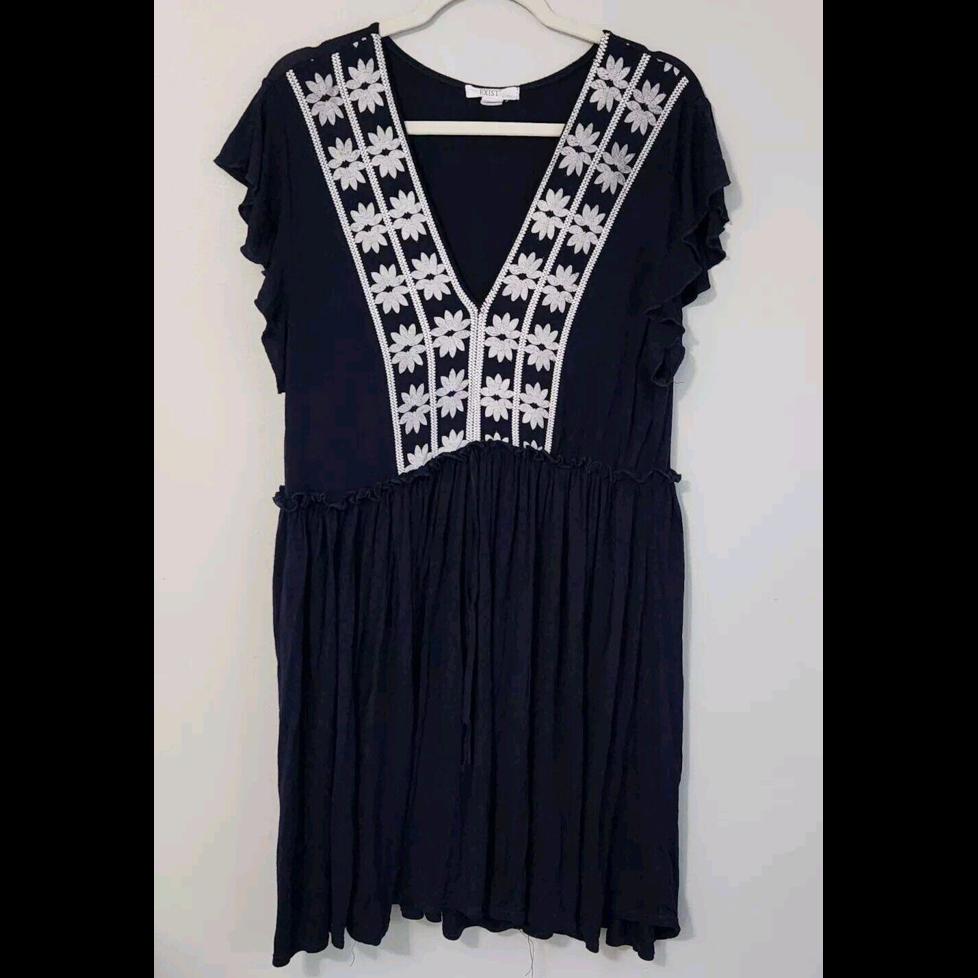 Exist Dress Navy Blue Embroidered V Neck Floral Boho Extra Large Short Sleeve...